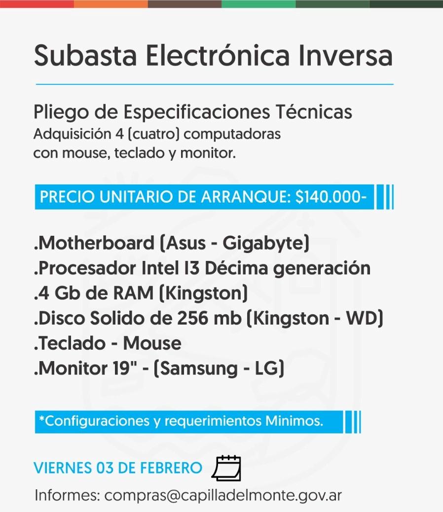 LLAMADO A SUBASTA ELECTRONICA INVERSA PARA LA ADQUISICIN DE CUATRO COMPUTADORAS 